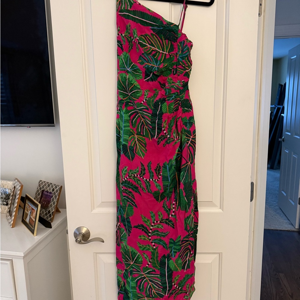 FARM Rio Leaves Pink Midi Dress - One Shoulder Pink and Green Dress
